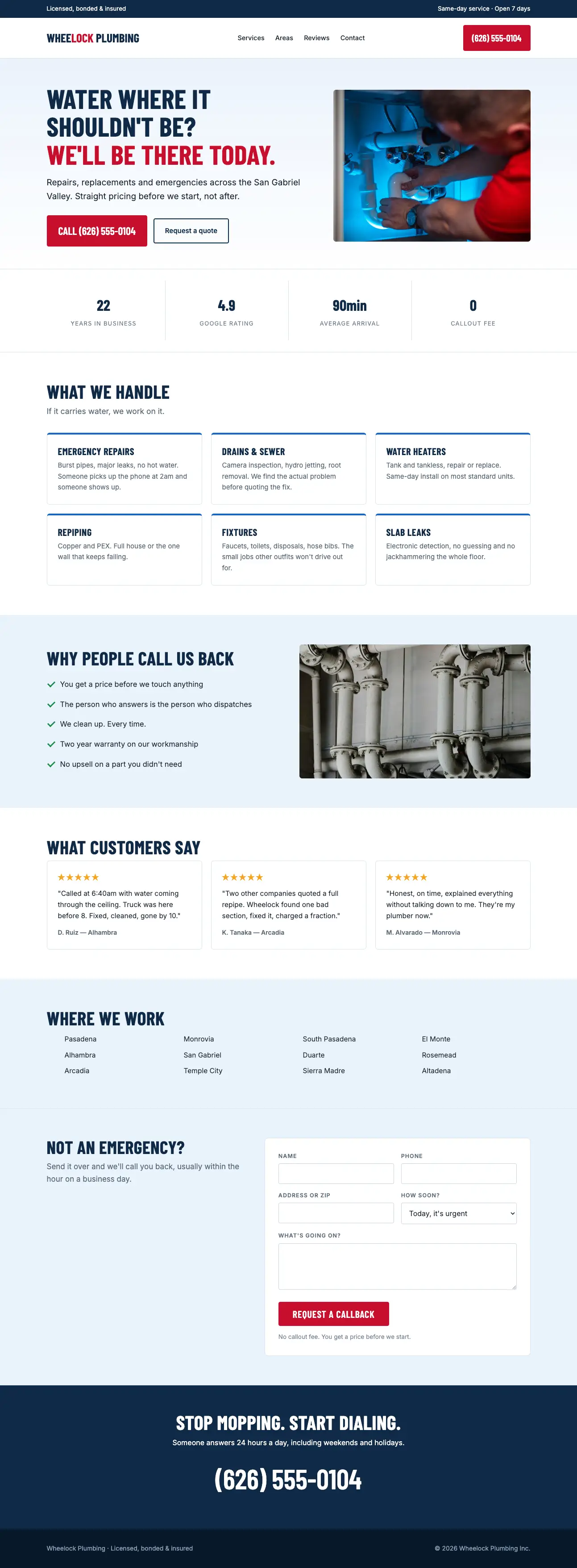 Sample website for a plumber